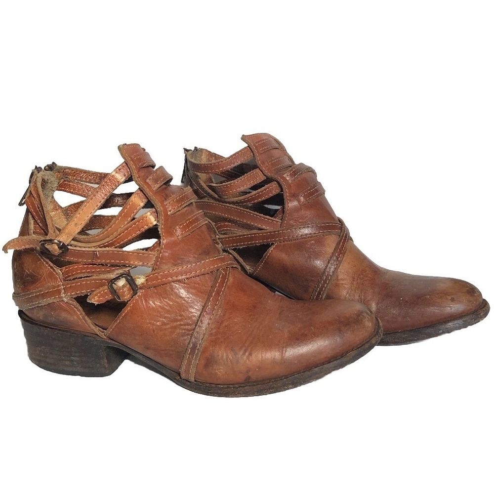 Freebird Steven Stair Brown Leather Ankle Boots Strappy Block Heel‎ Distressed 8